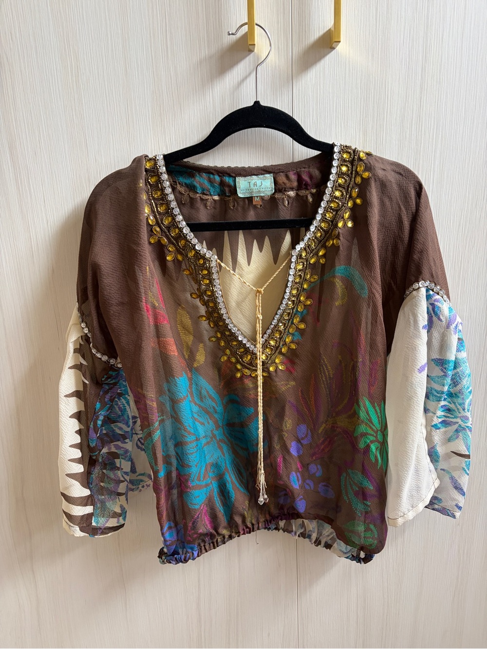 TAJ by Sabrina Crippa Brown Floral Embellished Peasant Blouse